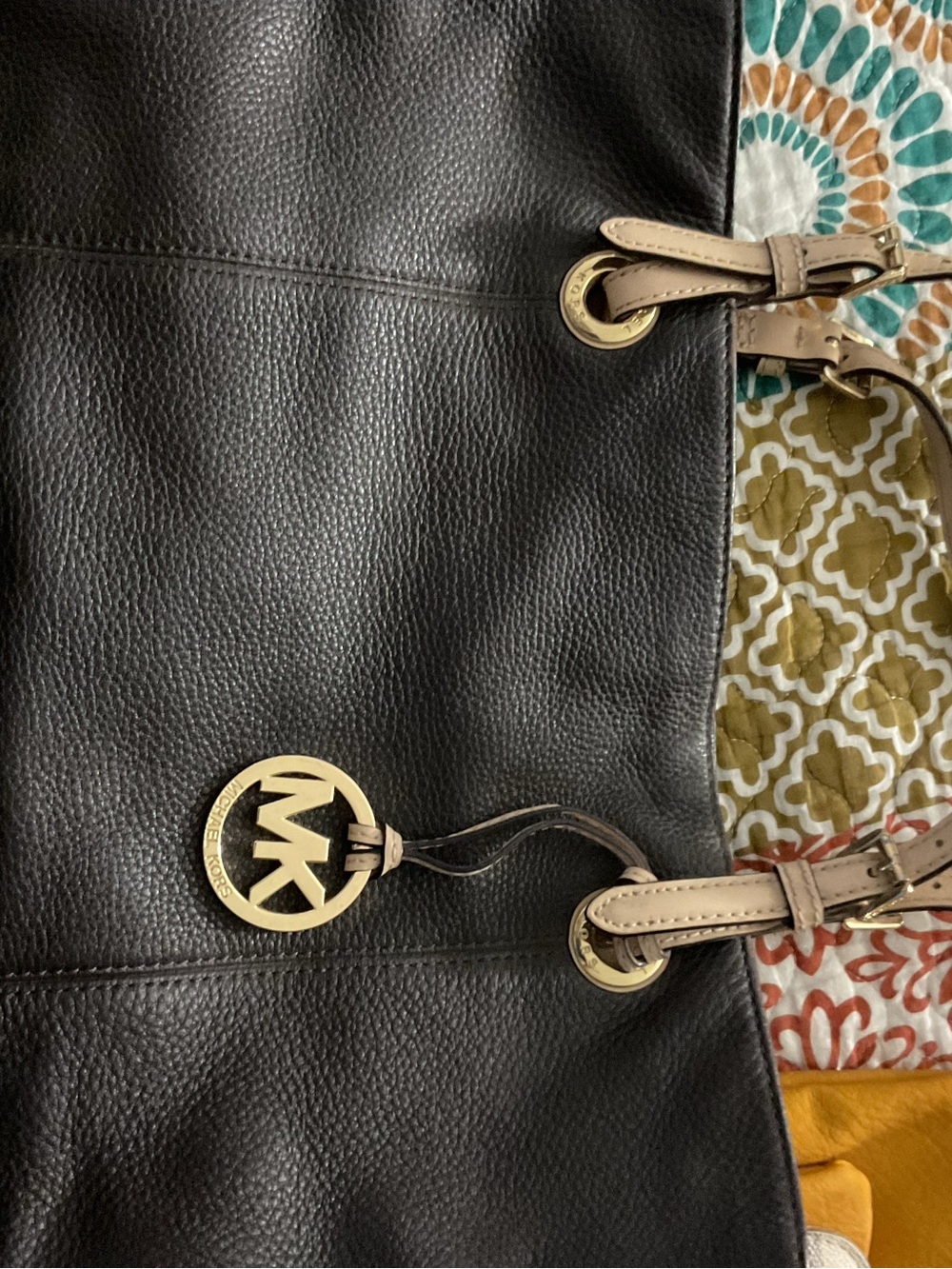 Michael Kors Brown Pebbled Leather Tote with Beige Handles & Gold Hardware